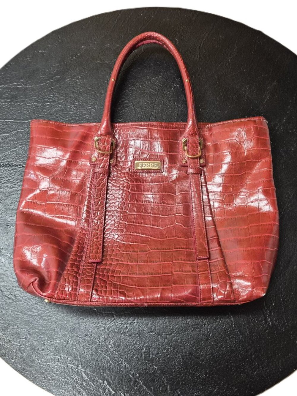 VTG Gianfranco Ferré Croc Patent Leather Tote Bag Italy Y2K Mobwife Office Siren